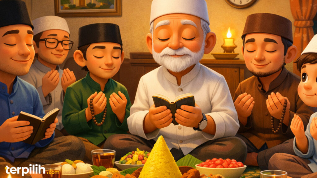 Keluarga sedang tahlilan dan doa pada acara selamatan orang meninggal